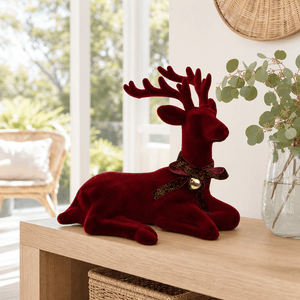 Burgundy Flocked Sitting Reindeer (19cm)