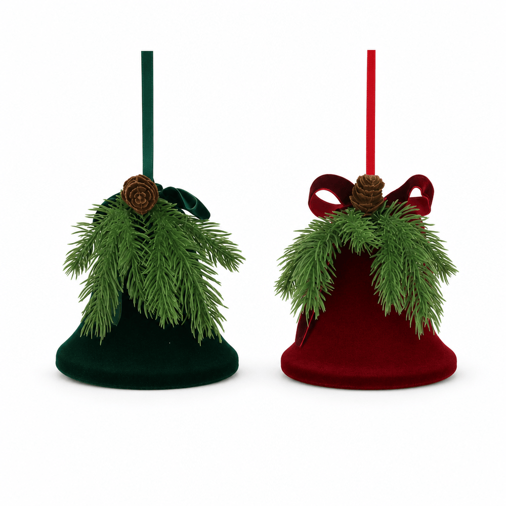 Burgundy & Emerald Flocked Bell Ornament (12.5x16cm)