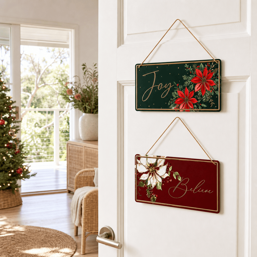 Red Metal Christmas Signs (30cm x 15cm)