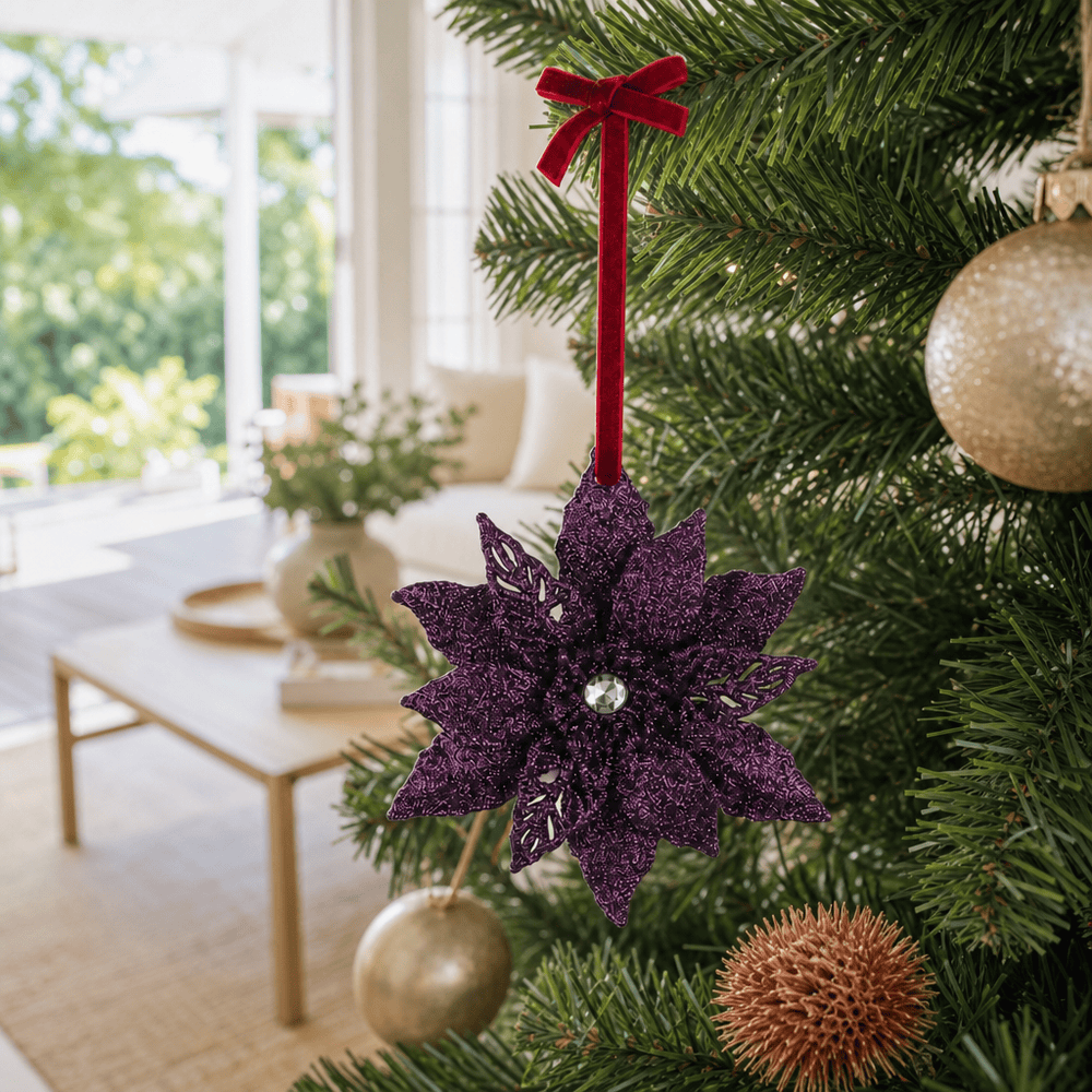 Plum Glitter Poinsettia Ornament (13cm)