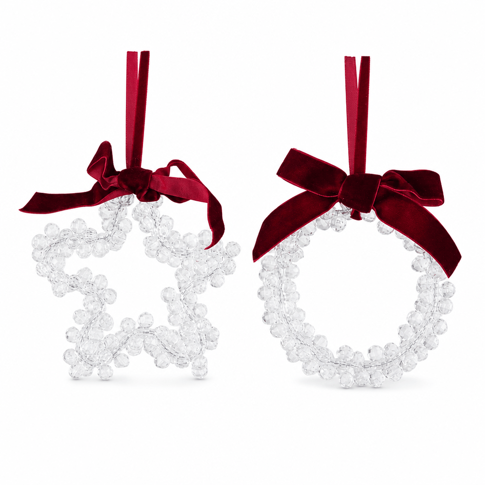 Red Wreath or Star Jewelled Ornament Burgundy Ribbon (10cm)