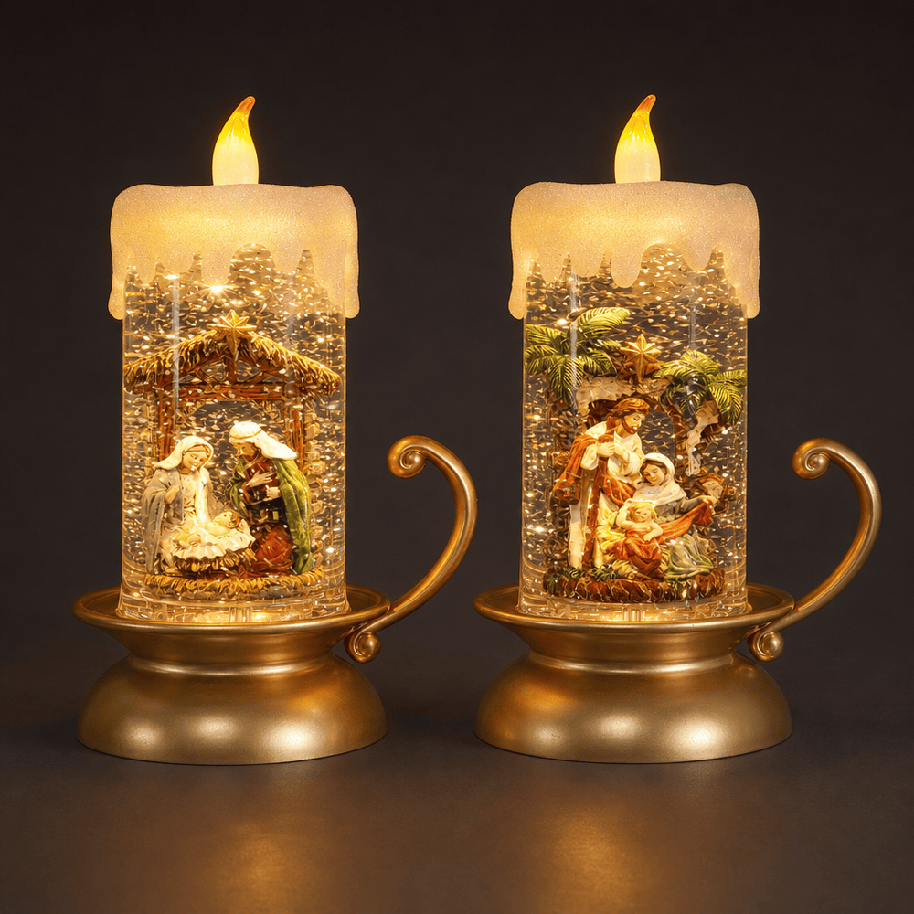 Glitter Swirl Candle Holder Nativity Timer Asst