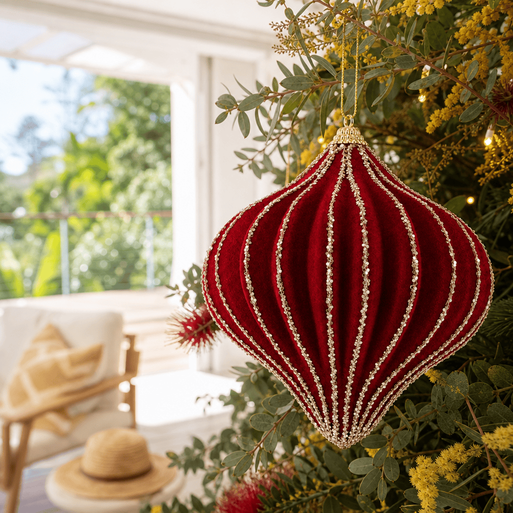 Burgundy Lantern Flocked Bauble (12cm)
