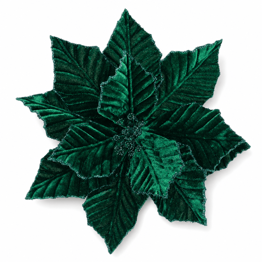 Green Velvet Glitter Poinsettia Clip