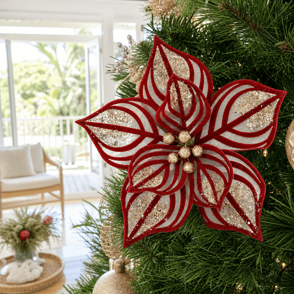 Burgundy Sheer Poinsettia Clip styled in an Australian Christmas setting