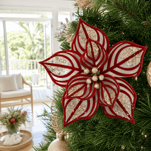 Burgundy Sheer Poinsettia Clip styled in an Australian Christmas setting