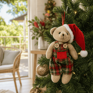 Tartan Teddy Ornament styled in an Australian Christmas setting