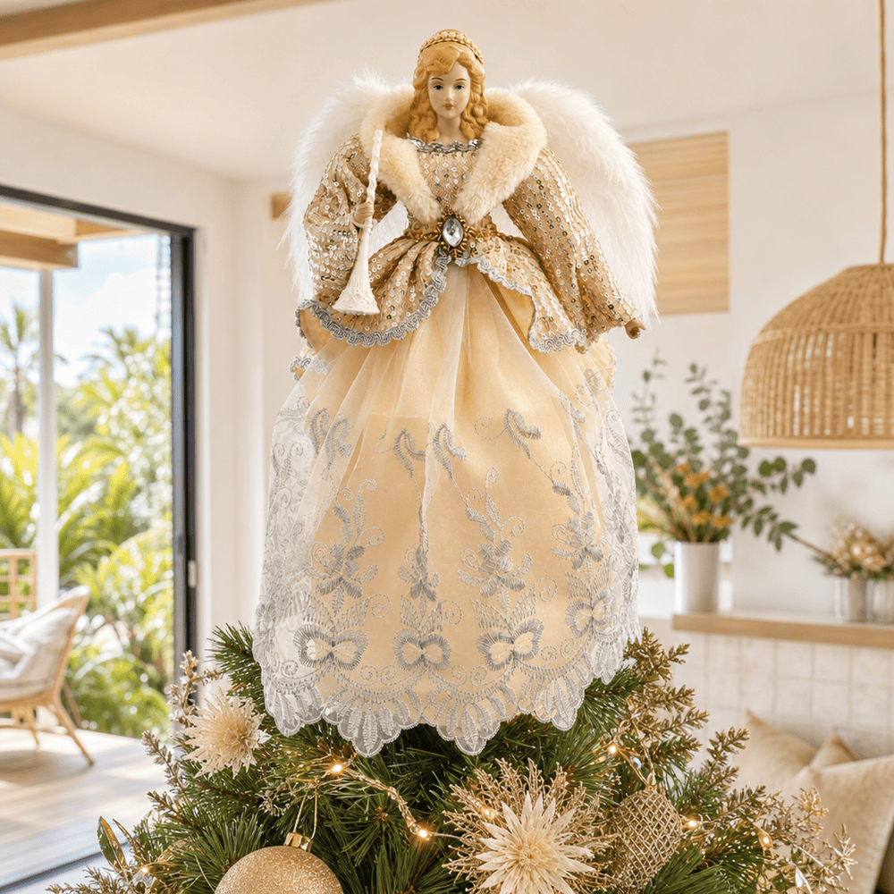 Divine Angel Tree Topper styled in an Australian Christmas setting