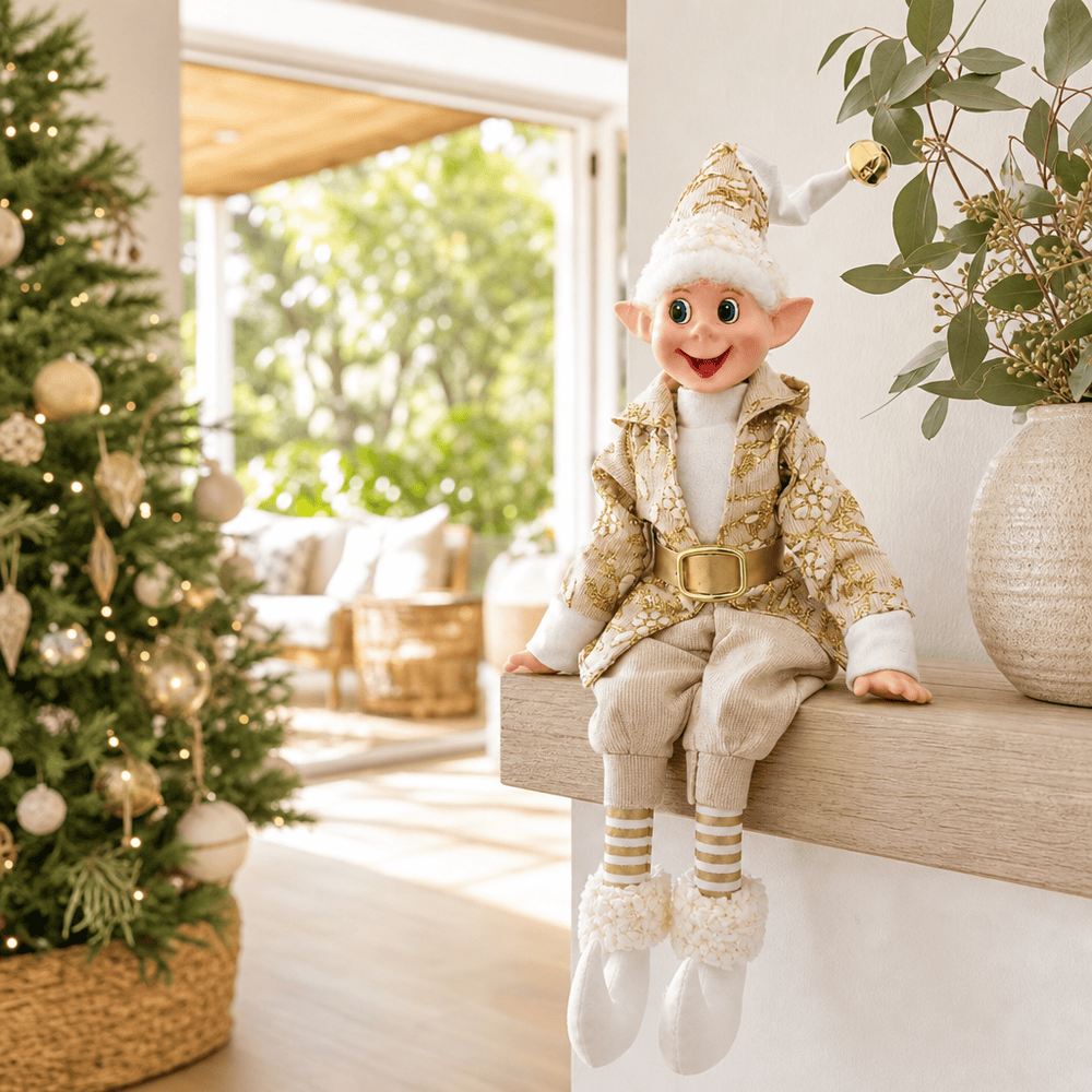 Hanging Poseable Elf styled in an Australian Christmas setting