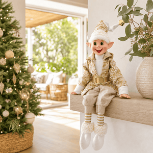 Hanging Poseable Elf styled in an Australian Christmas setting