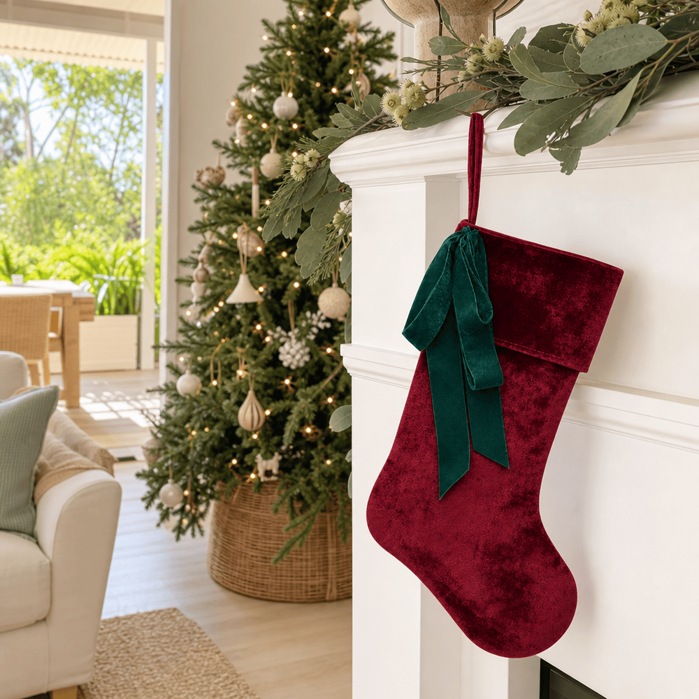 Burgundy Velvet Stocking styled in an Australian Christmas setting