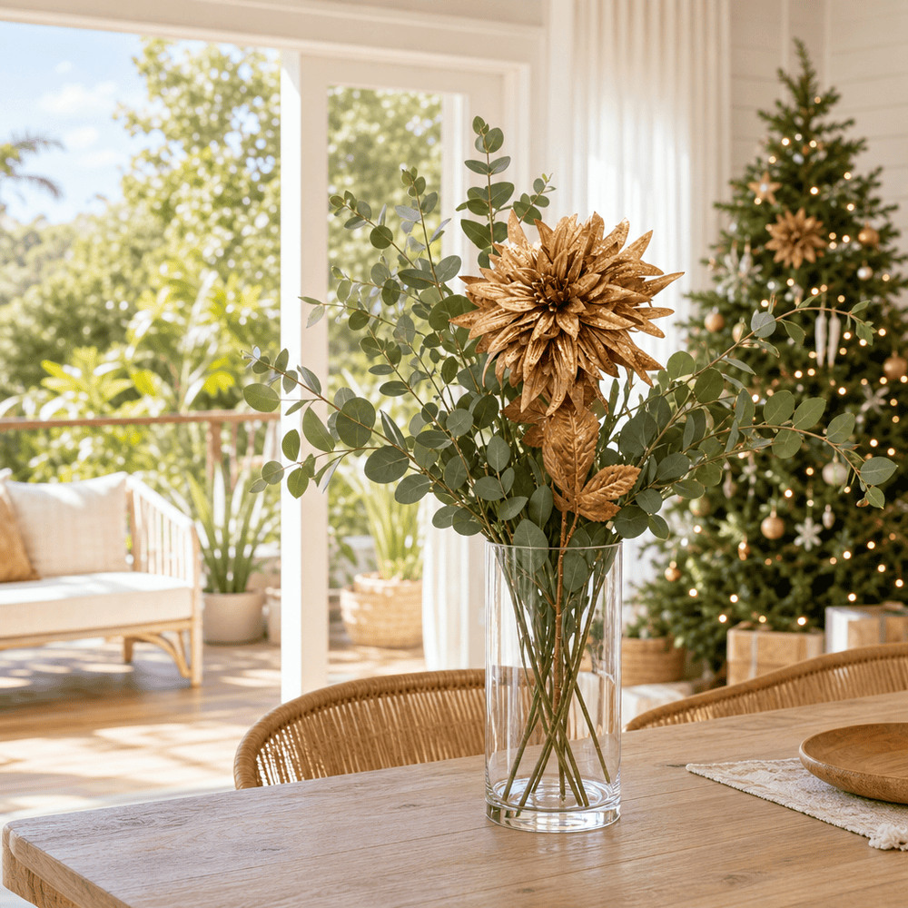 Copper Spiky Metallic Flower Stem arranged in a glass vase
