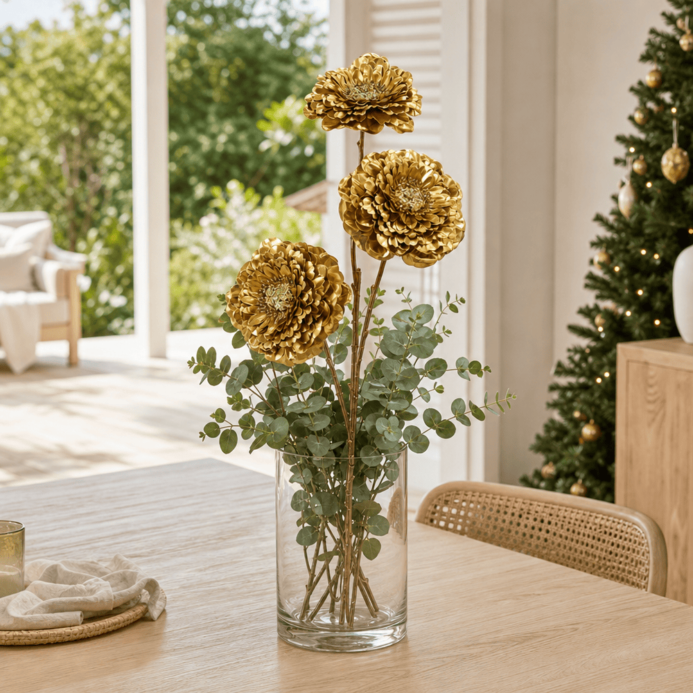 Gold Metallic Triple-Head Floral Stem arranged in a glass vase