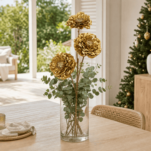 Gold Metallic Triple-Head Floral Stem arranged in a glass vase