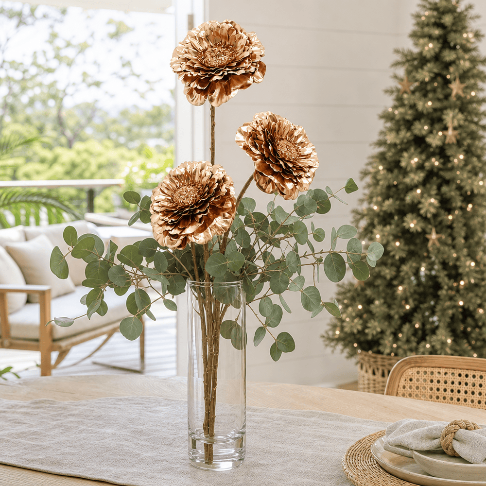 Copper Metallic Triple-Head Floral Stem arranged in a glass vase