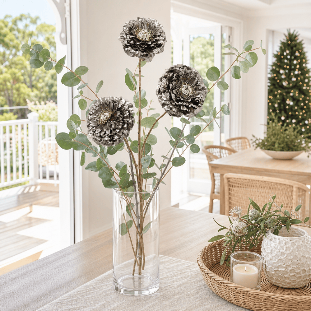 Champagne Metallic Triple-Head Floral Stem arranged in a glass vase
