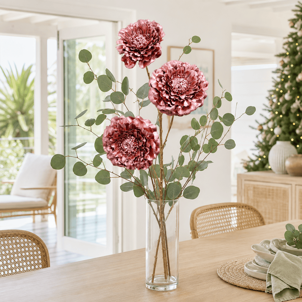Pink Metallic Triple-Head Floral Stem arranged in a glass vase