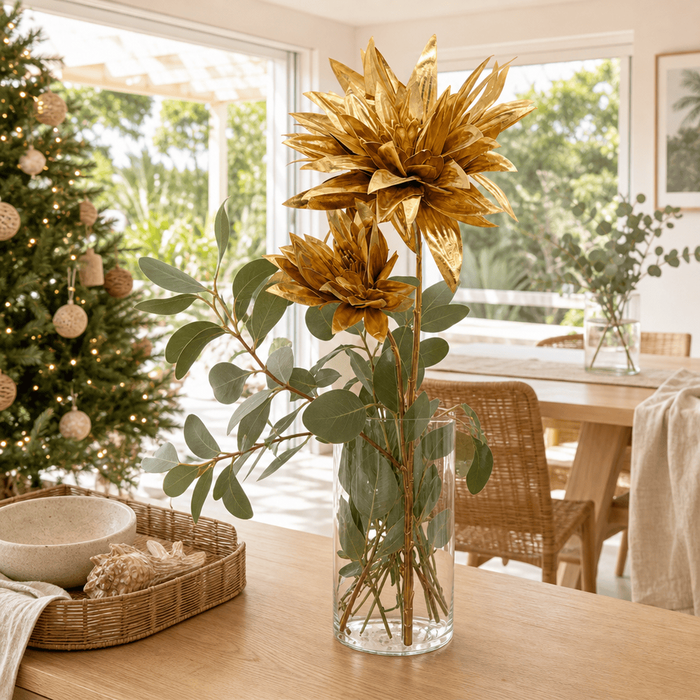 Gold Metallic Double-Head Floral Stem arranged in a glass vase