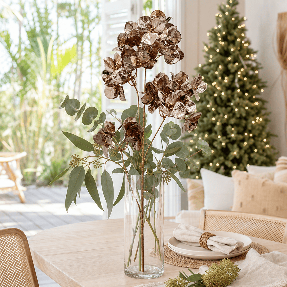 Champagne Flower Cluster 4 Head Stem arranged in a glass vase