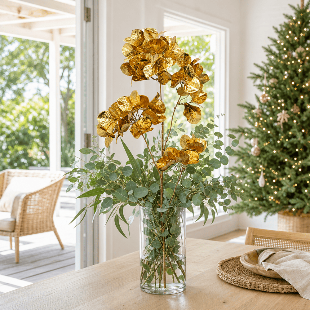 Gold Flower Cluster 4 Head Stem arranged in a glass vase