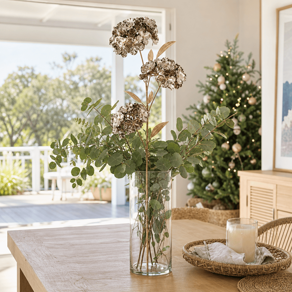 Champagne Triple-Head Floral Stem arranged in a glass vase