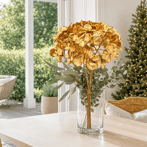 Gold Metallic Flower Bouquet Stem arranged in a glass vase