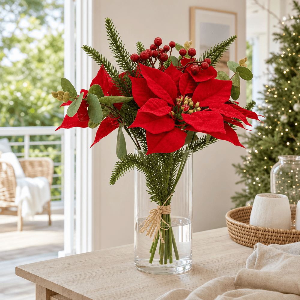 Deep Red Poinsettia and Eucalypt Bouquet Stem arranged in a glass vase