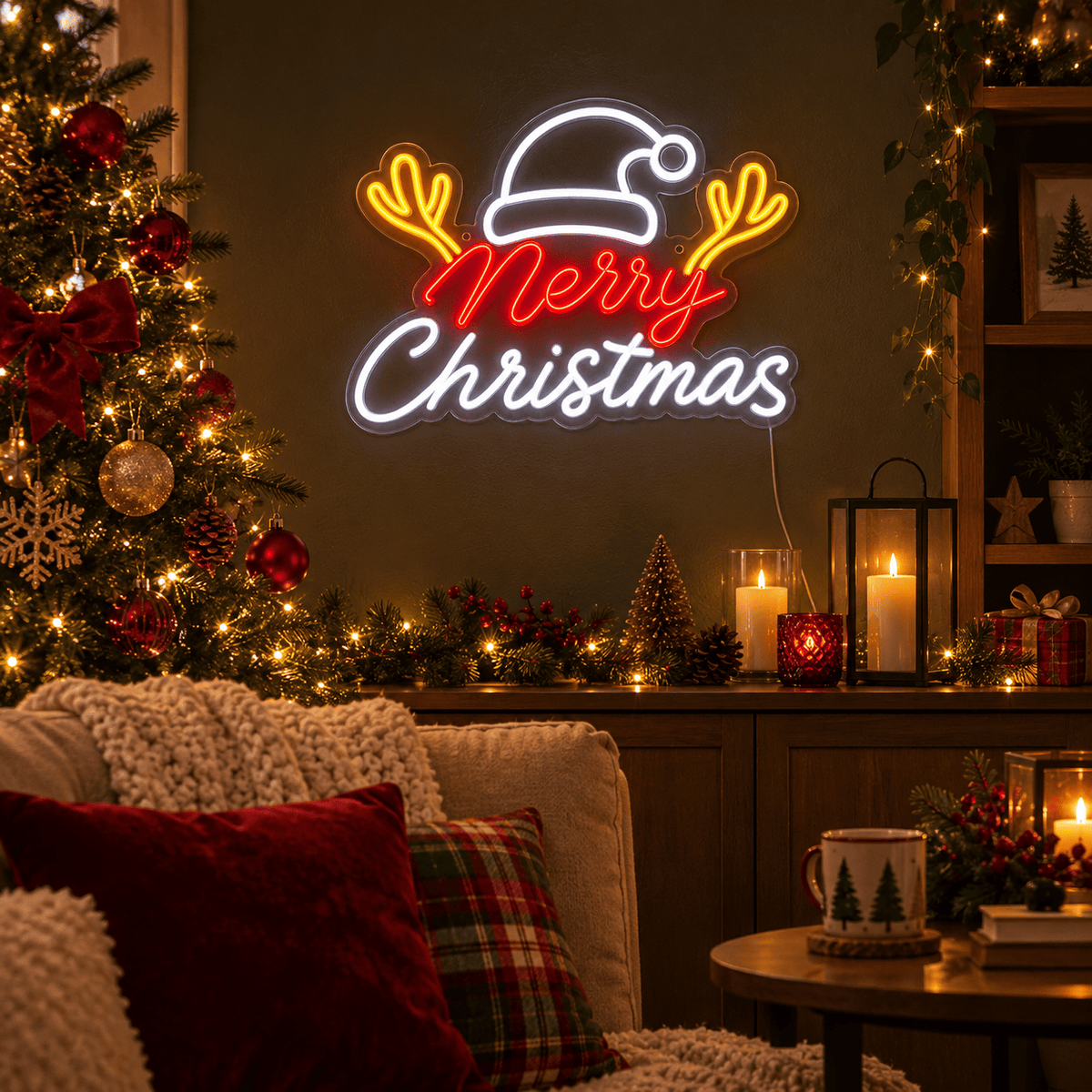 LED Neonflex Merry Christmas with Antlers (20cm x 39cm) Asst