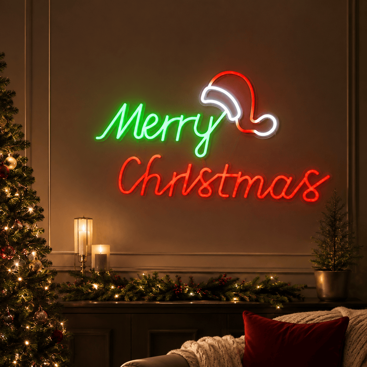 LED Neonflex Merry Christmas with Hat (39cm x 78cm)