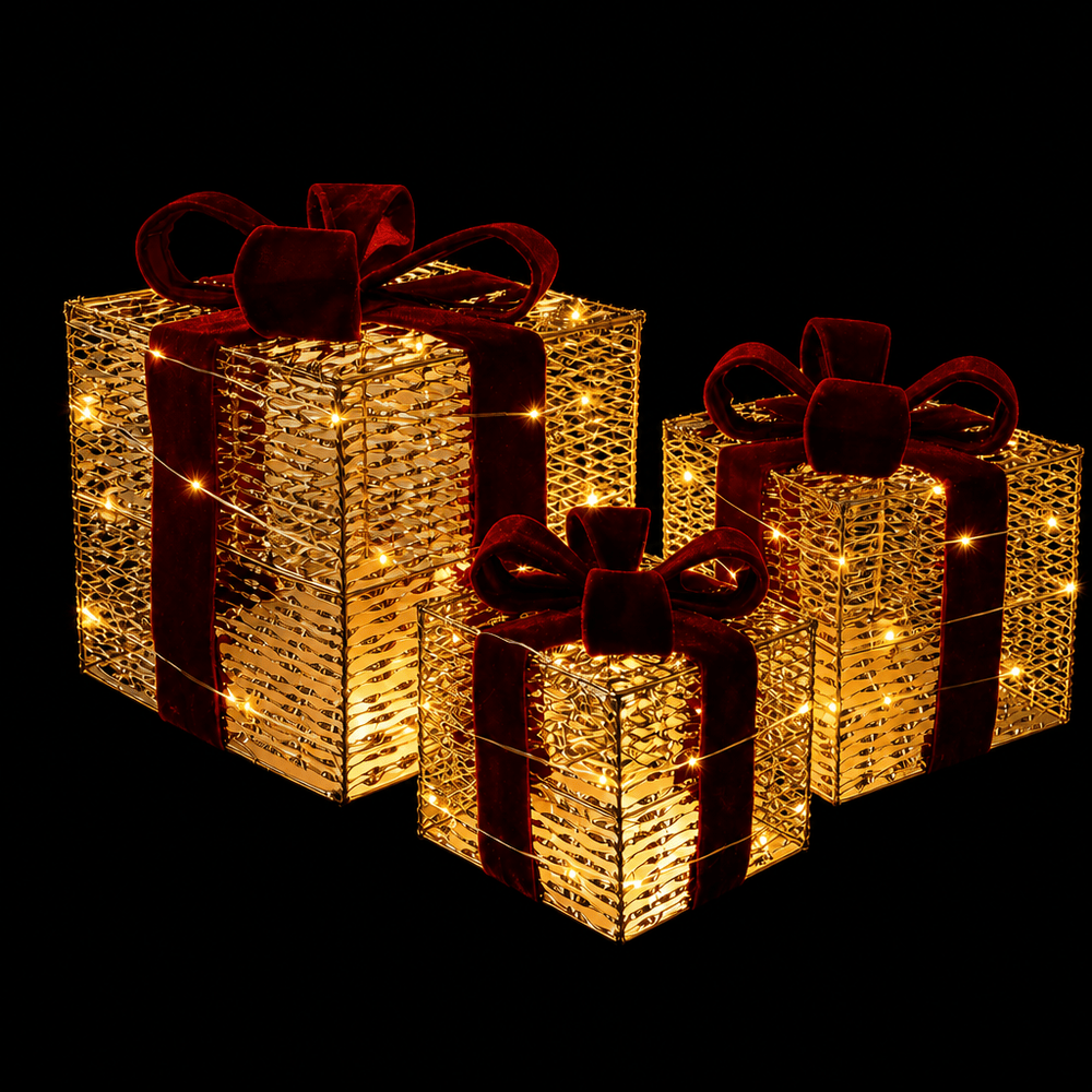 LED Metallic Stripe Present Gold and Burgundy 3pc
