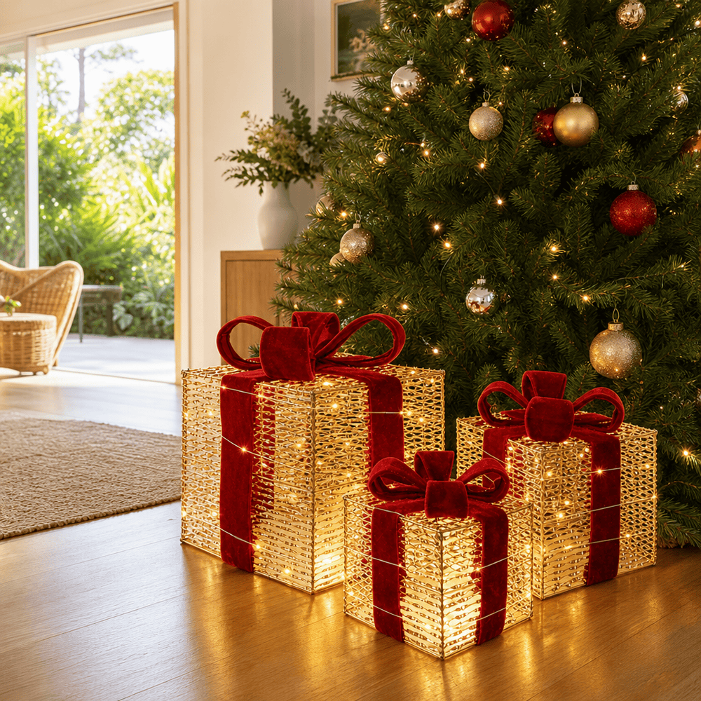 LED Metallic Stripe Present Gold and Burgundy 3pc
