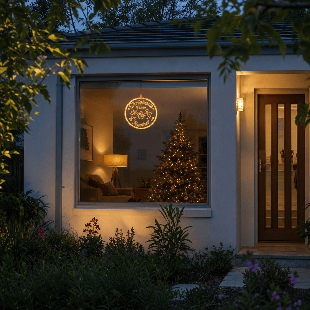 LED Christmas Time Pendant Light Motif (30cm) hanging in a front window at night