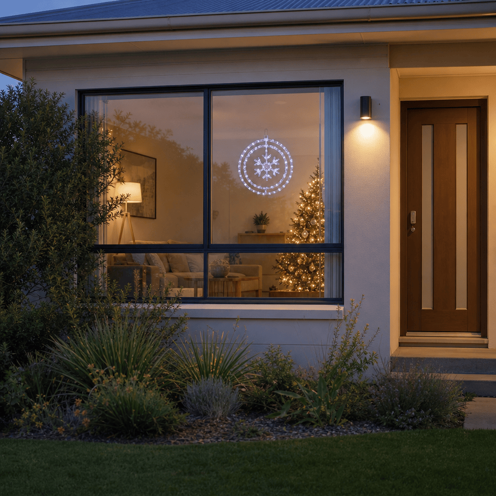 LED Crystal Rings w/Motif White Snowflake hanging in a front window at night