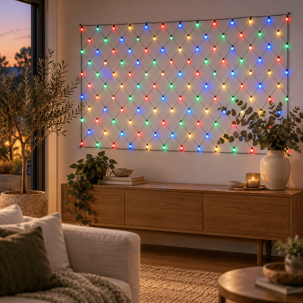 180 LED battery net light in multicolour hung on a living room wall above a timber console