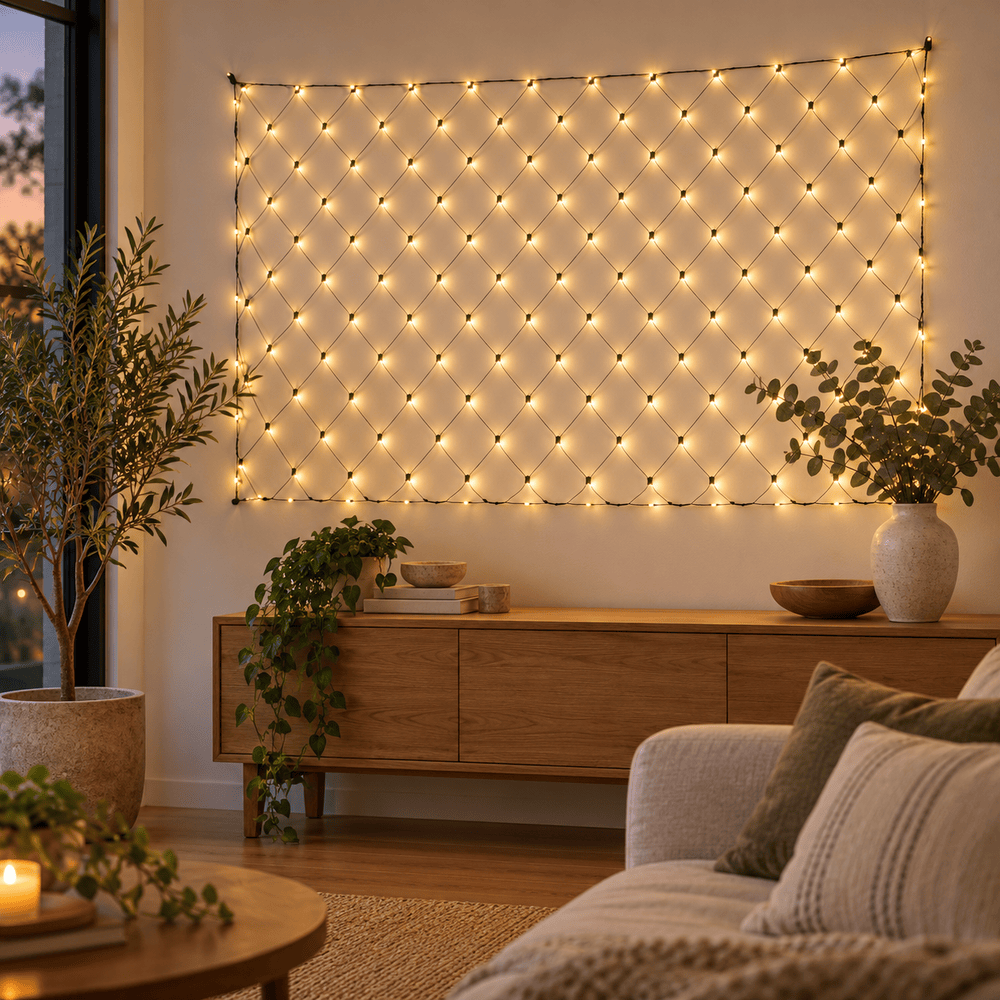 180 LED battery net light in warm white hung on a living room wall above a timber console