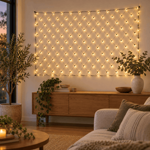180 LED battery net light in warm white hung on a living room wall above a timber console