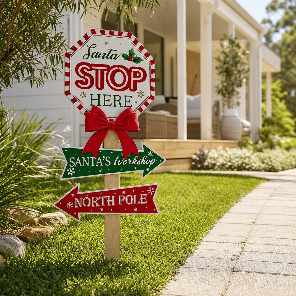Santa Stop Here Stake with Bow (75cm)