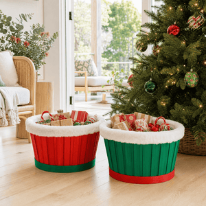 Plush Trim Christmas Bucket (24cm) - Red and Green