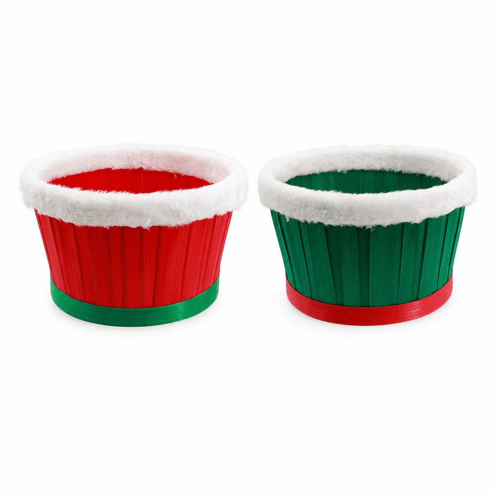 Plush Trim Christmas Bucket (24cm) - Red and Green