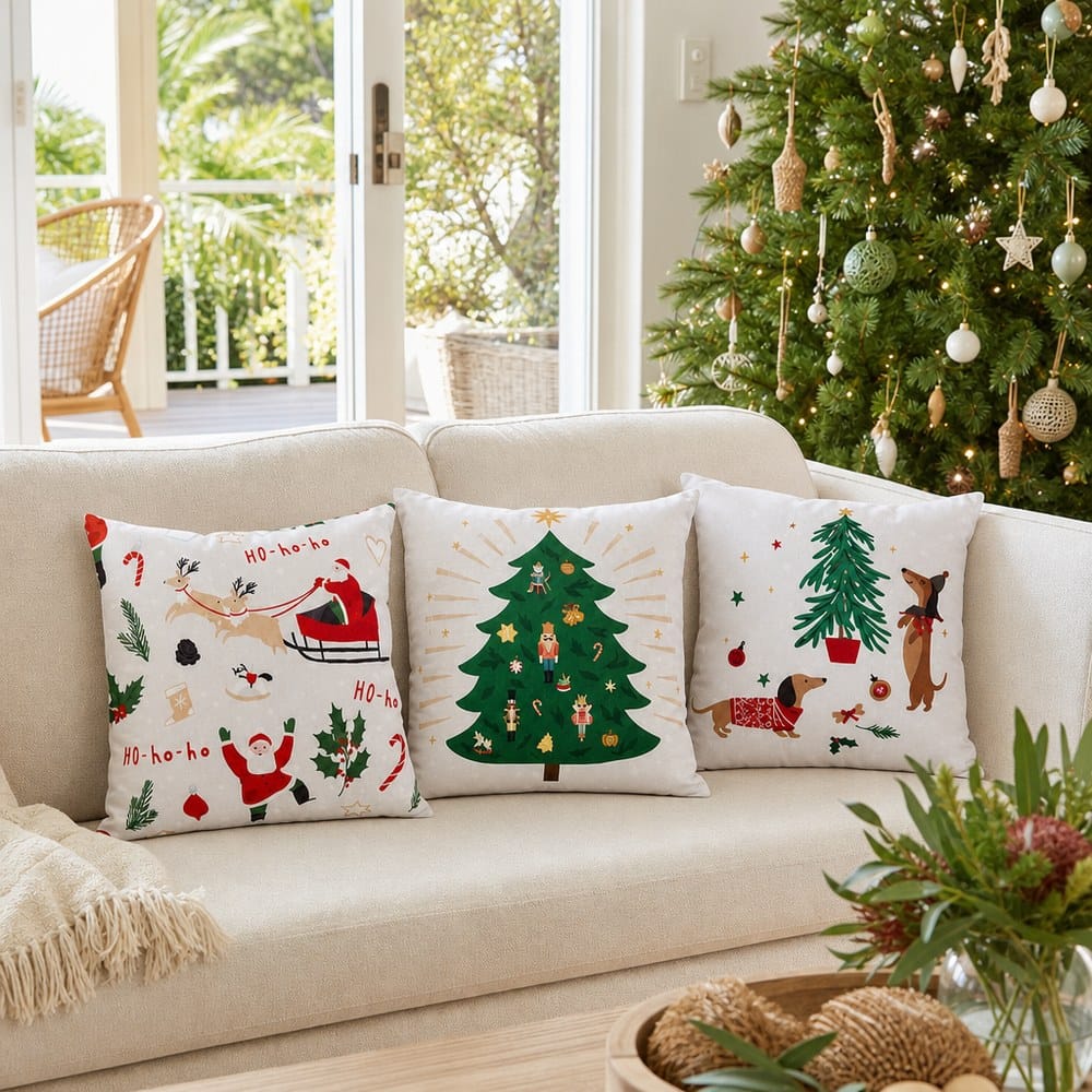 Christmas Novelty Cushion styled in an Australian Christmas setting