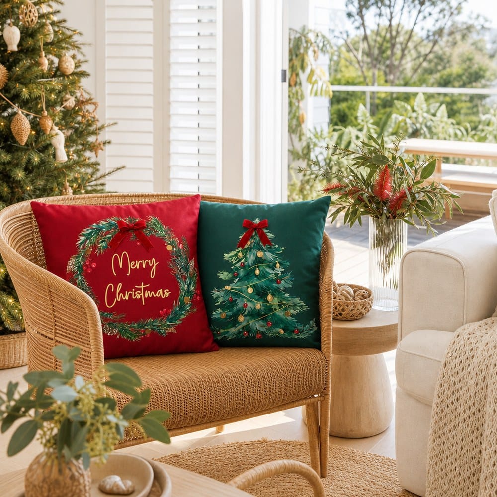 Festive Cushion styled in an Australian Christmas setting
