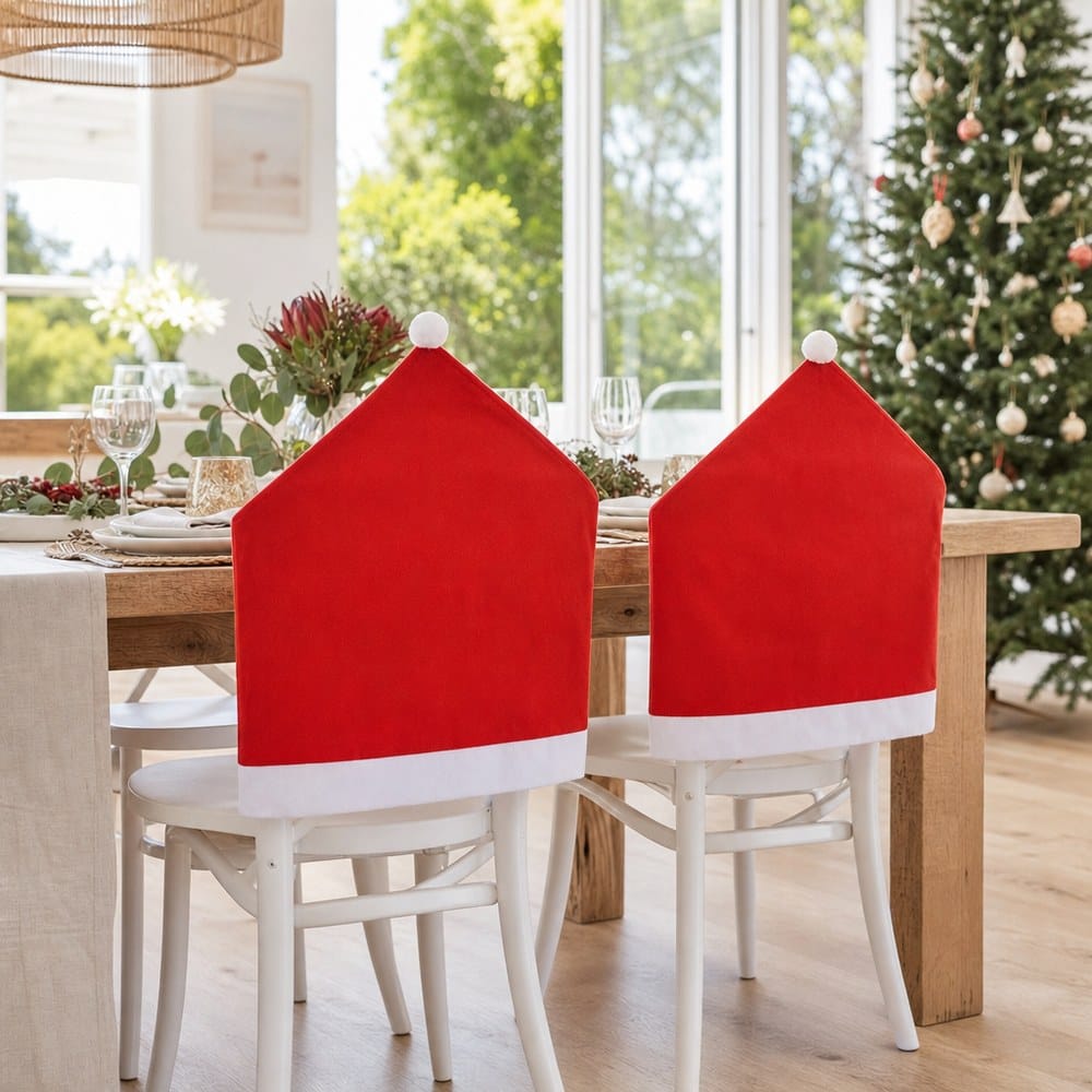 Santa Hat Chair Cover Set 2pc styled in an Australian Christmas setting