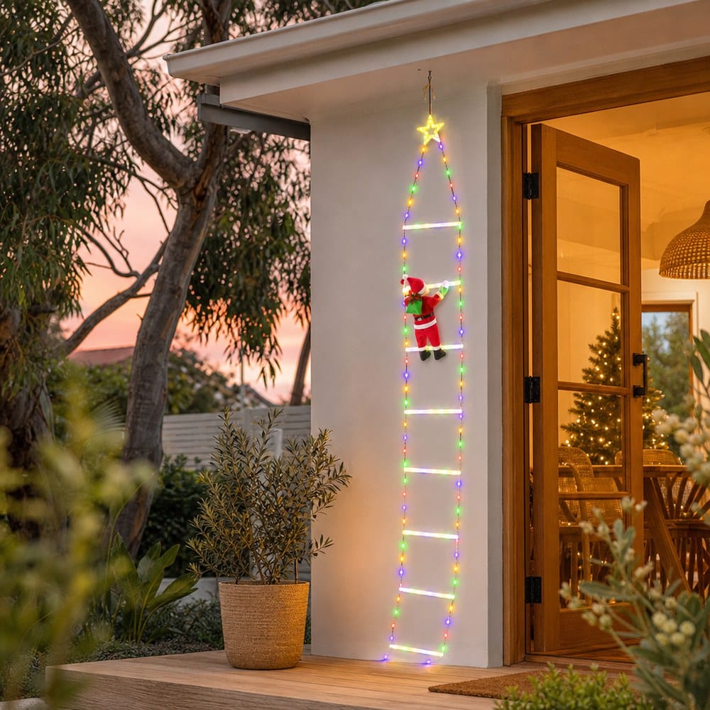 LED Nylon Santa Climbing Ladder styled in an Australian Christmas setting