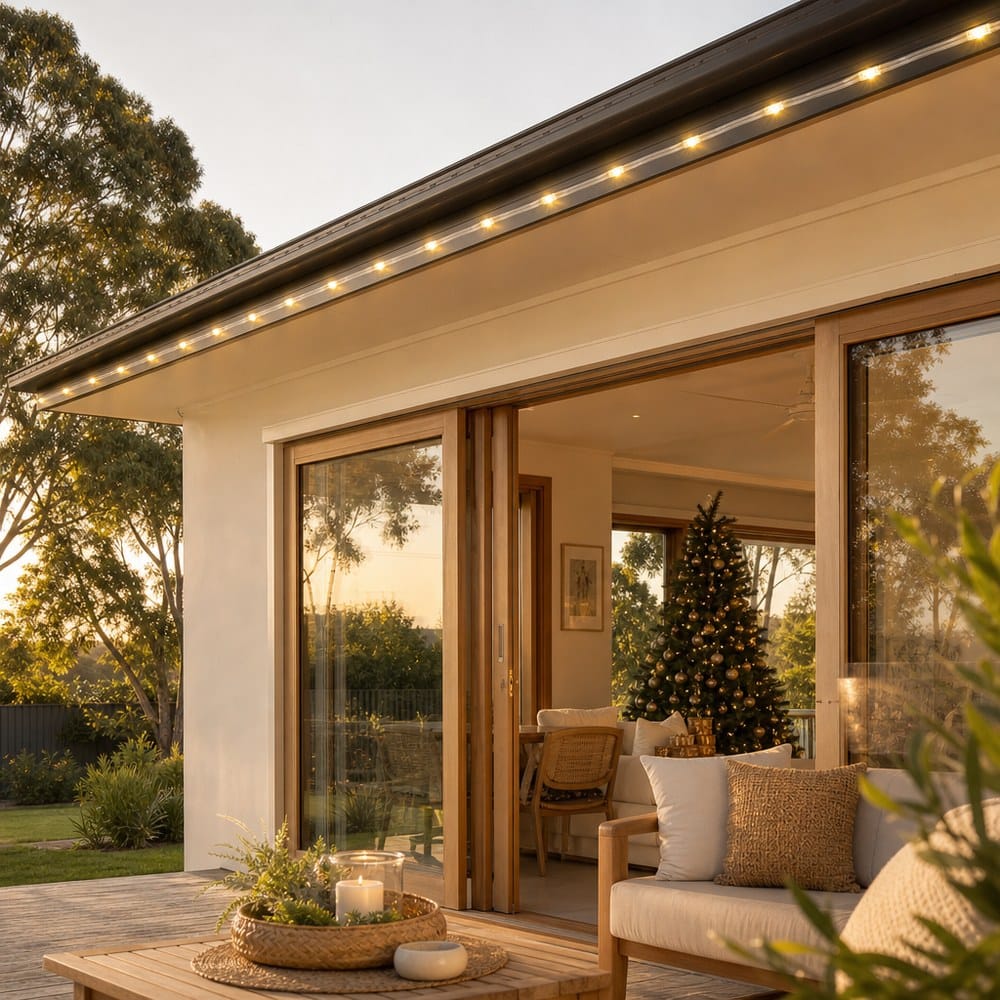 LED Premium Solar Straight Strip Light White-Warm White styled in an Australian Christmas setting