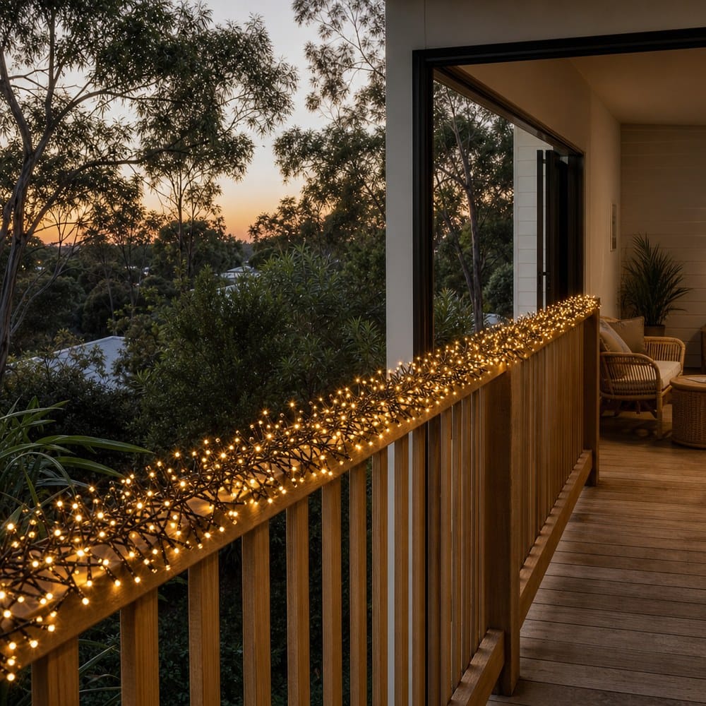 LED 3000 Cluster Lights Extra Warm White styled in an Australian Christmas setting