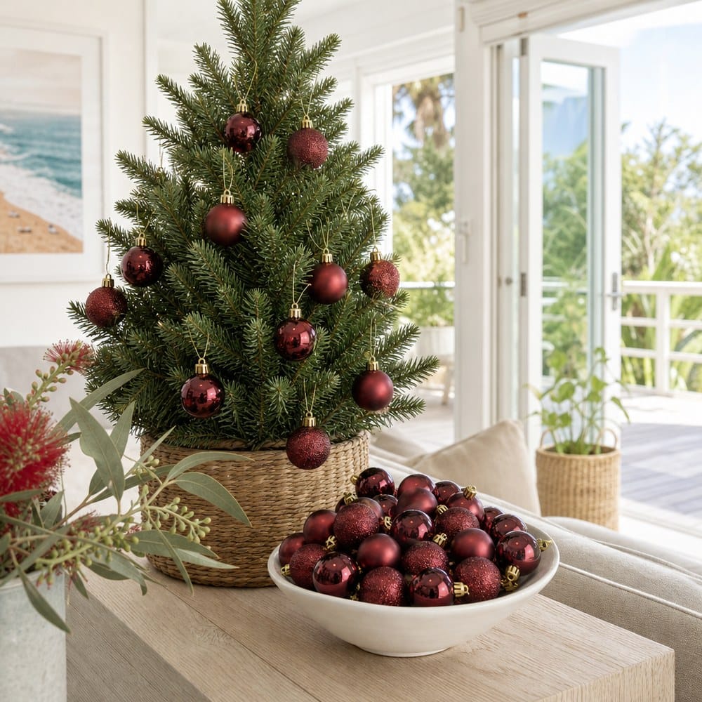 Burgundy Bauble Pack 24pk styled in an Australian Christmas setting