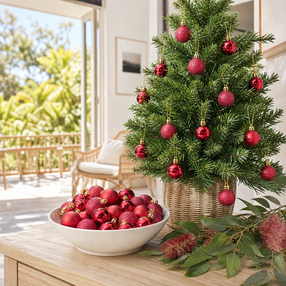Berry Bauble Pack 24pk styled in an Australian Christmas setting