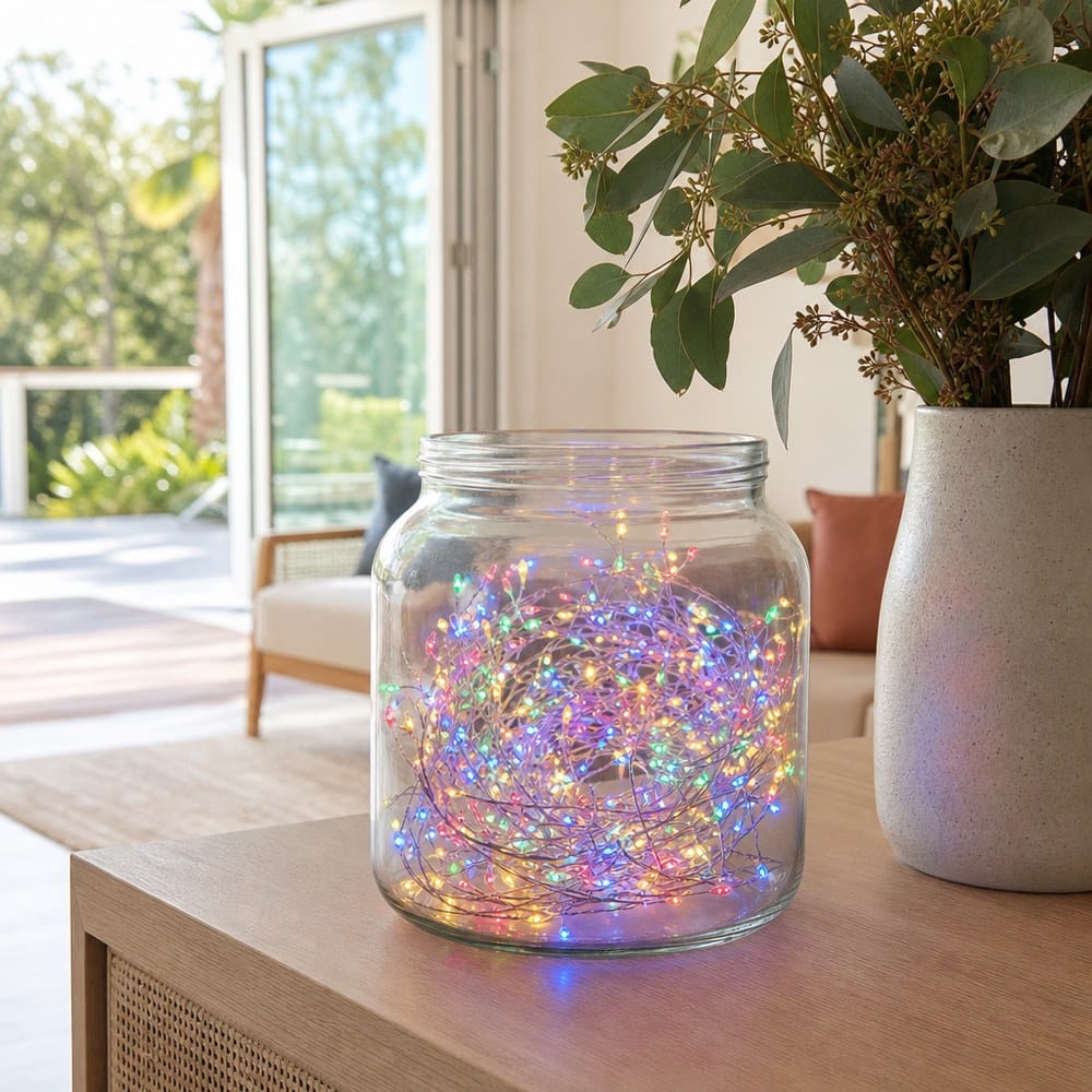 LED 100 Battery Operated Silver Wire Cluster Multicolour styled in an Australian Christmas setting