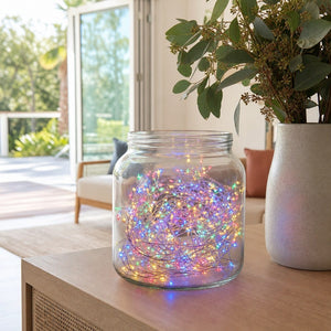 LED 100 Battery Operated Silver Wire Cluster Multicolour styled in an Australian Christmas setting