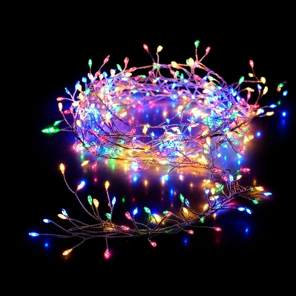LED 100 Battery Operated Silver Wire Cluster Multicolour (1m) lit up in the dark